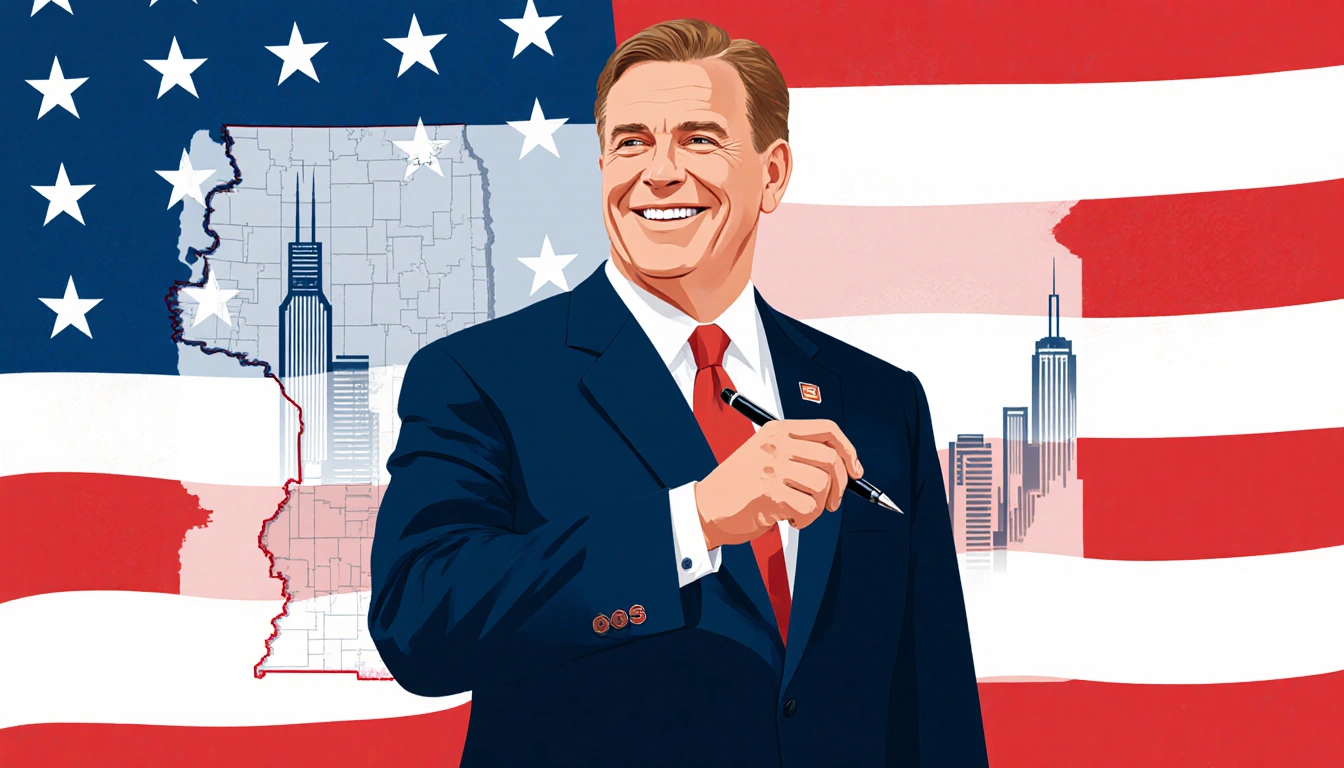 Warren smiles confidently with pen in hand and Bears uniform beside a American flag and the Chicago skyline in background