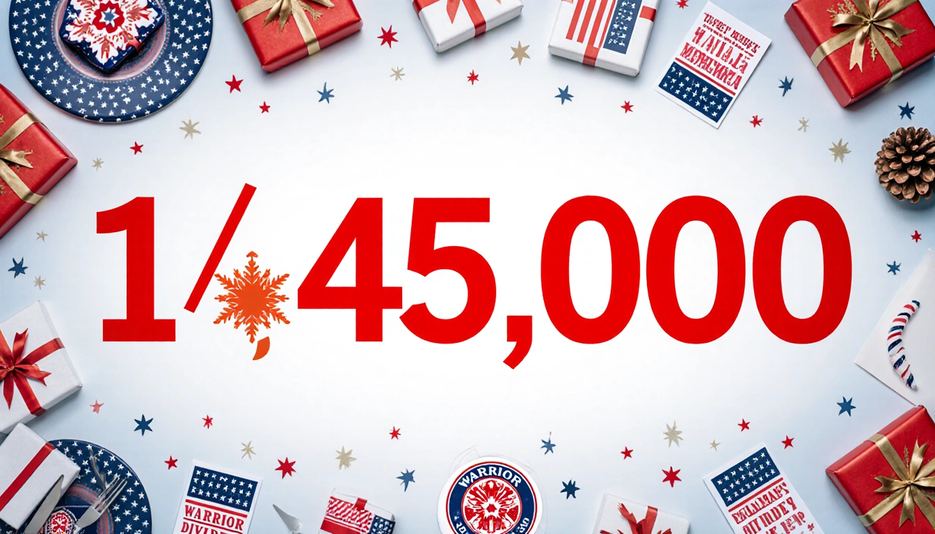 Bold red number 1,450,000 dominates festive holiday table with patriotic gradient and warrior dividend gifts