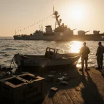 Military troops stand near a damaged boat with a warship casting a long shadow across the dusk dock
