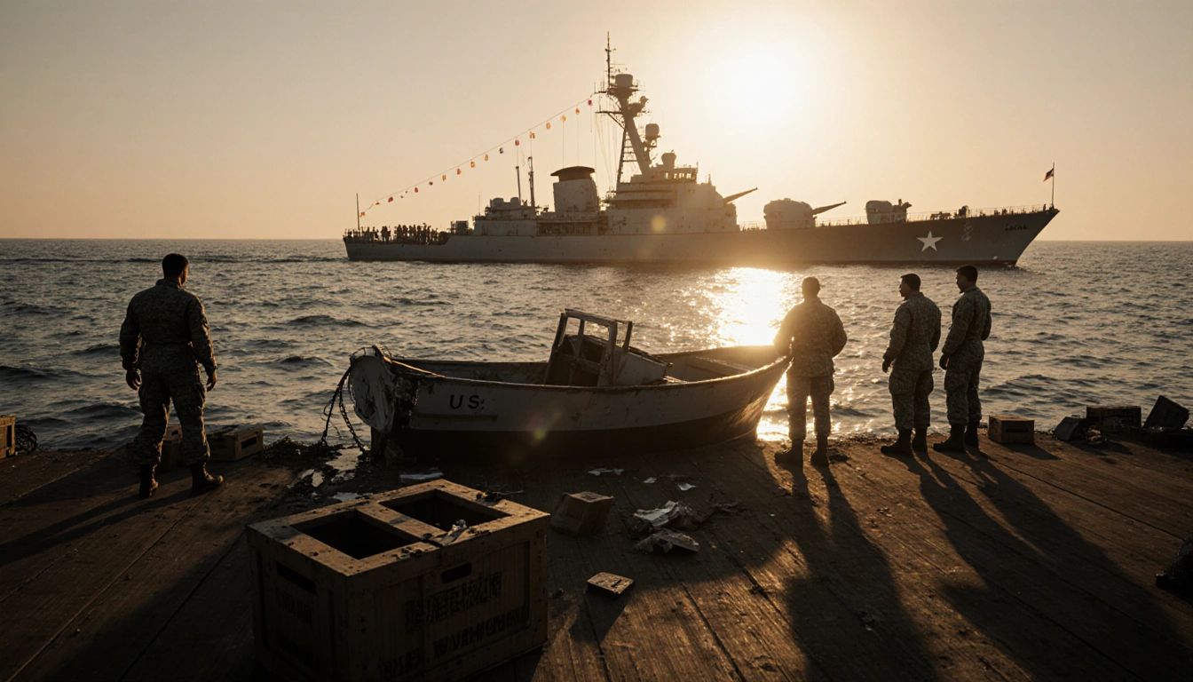Military troops stand near a damaged boat with a warship casting a long shadow across the dusk dock