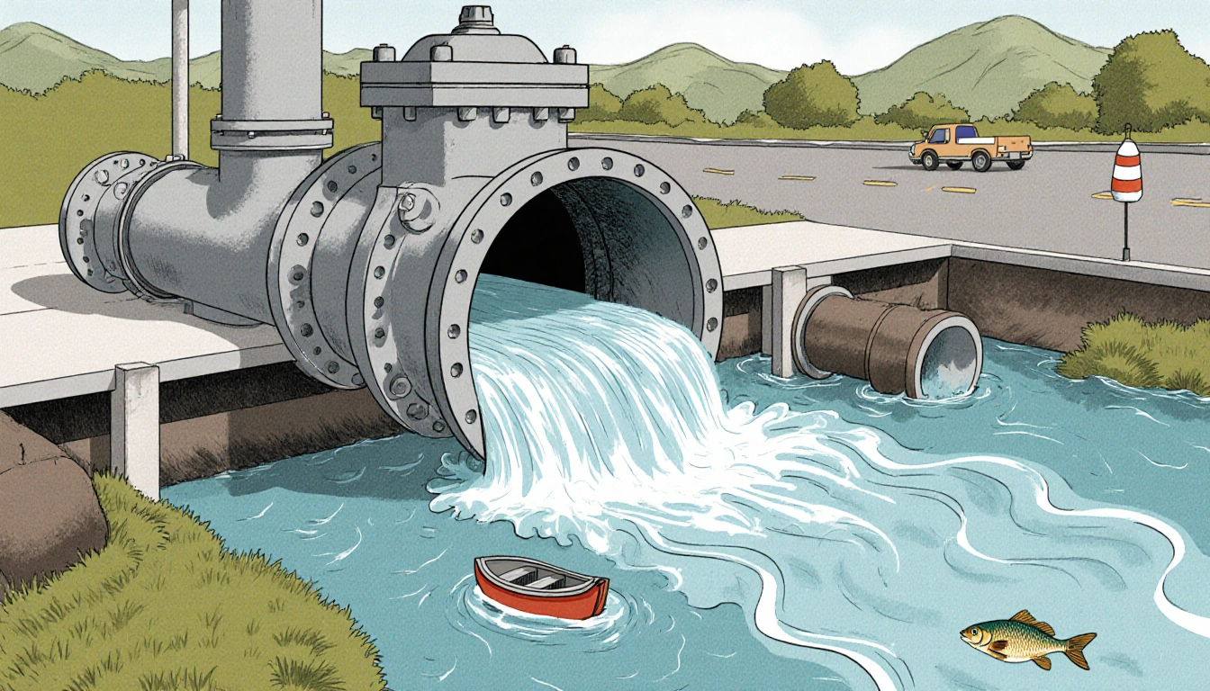 Overflowing pipe pours wastewater into creek with public lift station and small boat.