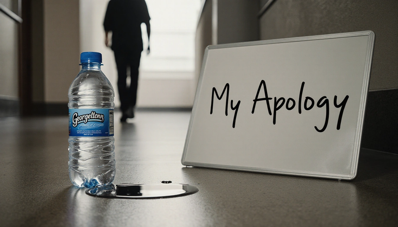 Water bottle lies on ground with Georgetown logo My Apology scribbled on a whiteboard while outline of Ed Cooley walks away