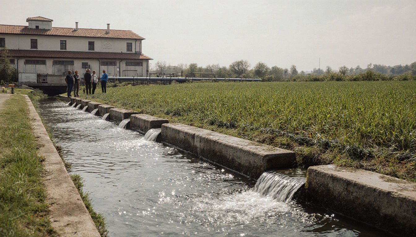 Nagyapáti and his group standing with water flowing into a field and a spa building reflecting harmony.