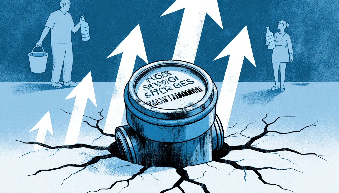 Water meter rising with arrows amid cracks showing strain on Georgetown's water system and people holding water bottles