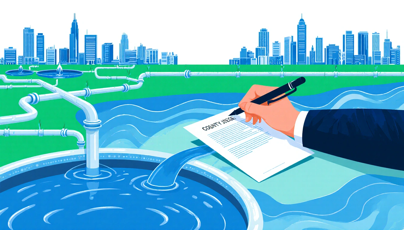 Stylized water supply diagram with blue and green pipes and reservoirs cityscape and judge's hand signing off the plan