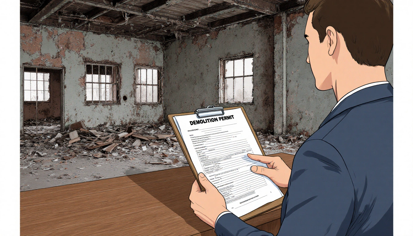 City employee filing demolition permit with clipboard and wooden counter at Waterloo Records shattered windows with debris