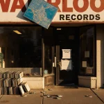 Taped demolition notice hangs on storefront door with vinyl stack and bright Austin city map beside it