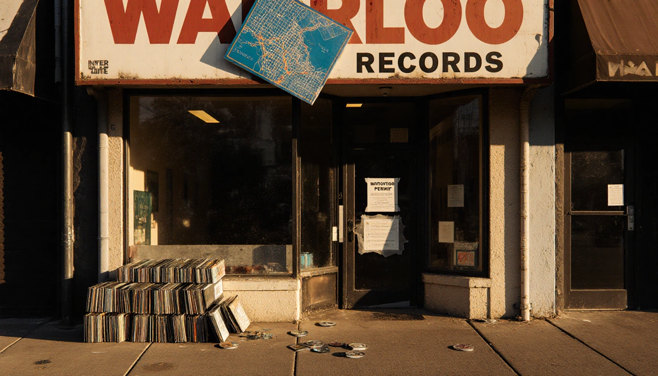 Taped demolition notice hangs on storefront door with vinyl stack and bright Austin city map beside it
