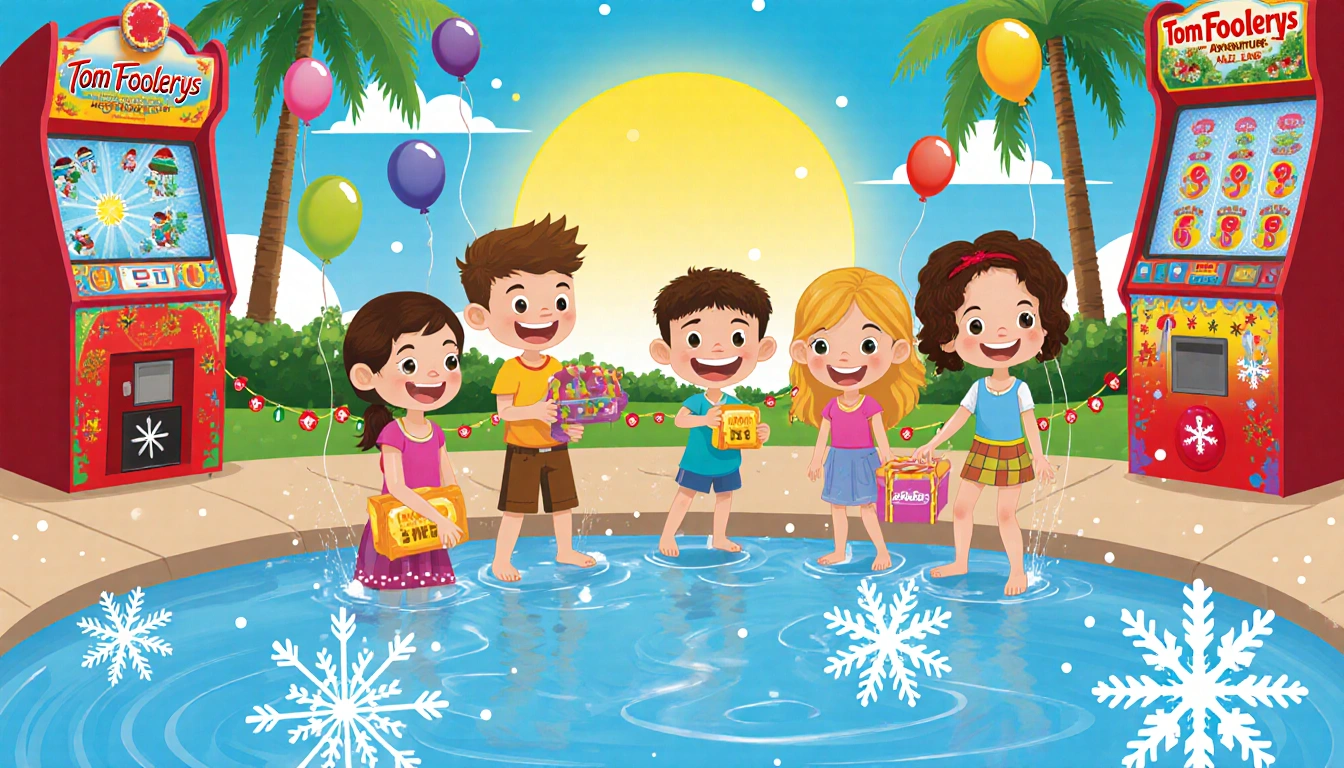 Children playing games and winning prizes with colorful balloons and snowflakes falling onto waterpark