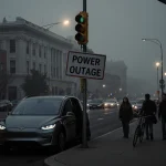 Autonomous vehicle tangled in traffic light with Waymo car and foggy San Francisco backdrop.