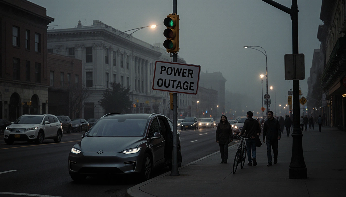 Autonomous vehicle tangled in traffic light with Waymo car and foggy San Francisco backdrop.