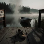Worn shoe lying on weathered dock with mist rising from murky lake and half-hidden rowboat