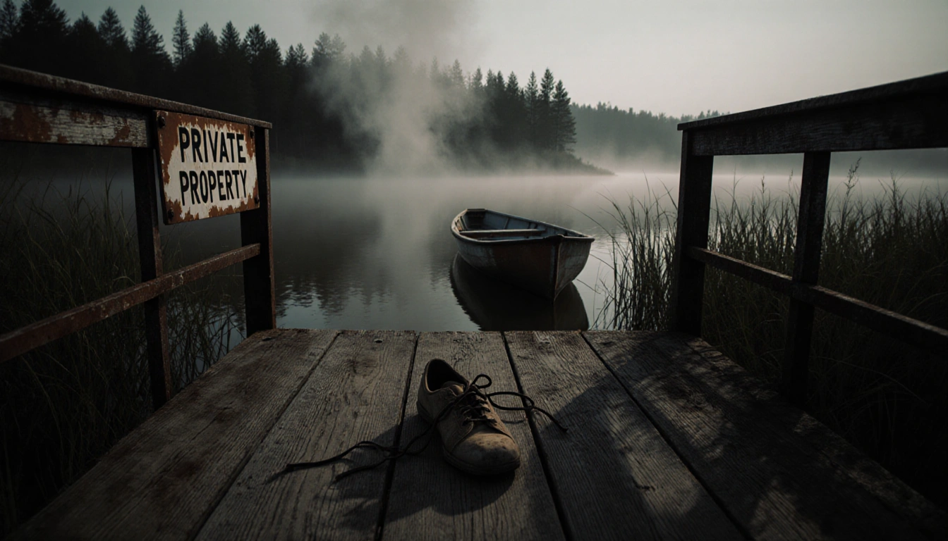 Worn shoe lying on weathered dock with mist rising from murky lake and half-hidden rowboat