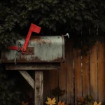 Weathered mailbox holding a red flag hidden behind dark green foliage on a wooden fence with scattered autumn leaves