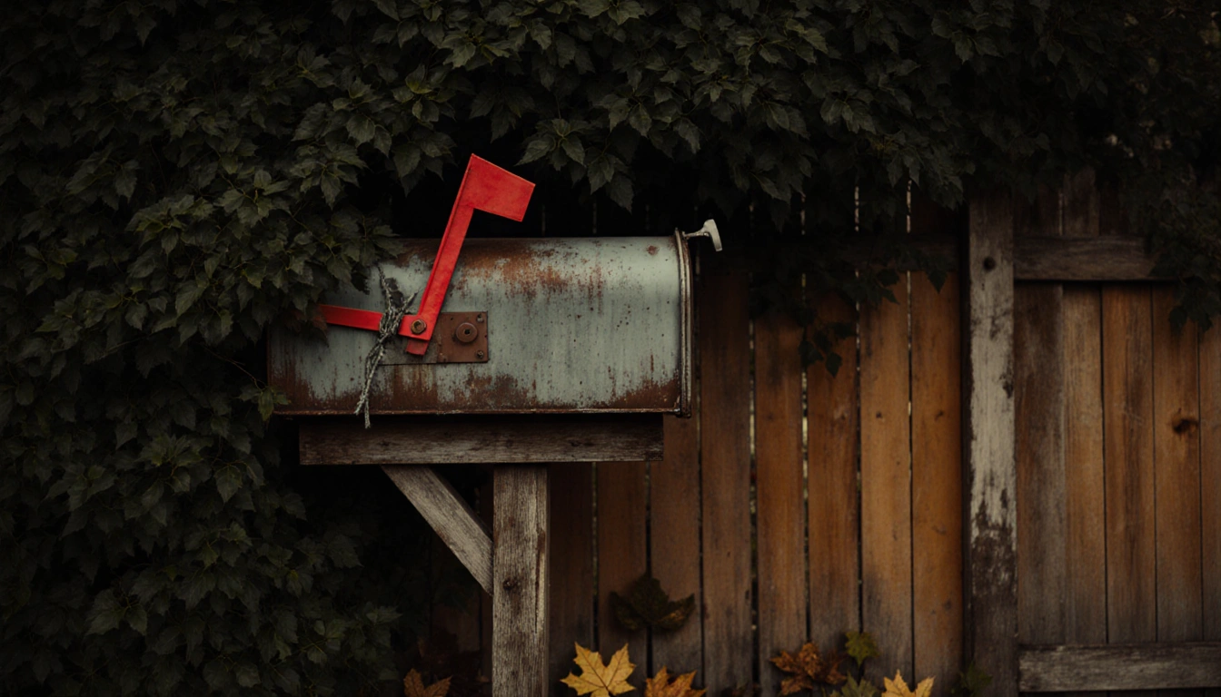 Weathered mailbox holding a red flag hidden behind dark green foliage on a wooden fence with scattered autumn leaves