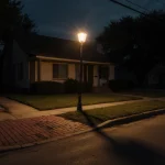 Streetlight casting long shadows across a worn red brick path with a dark mysterious suburban home nearby