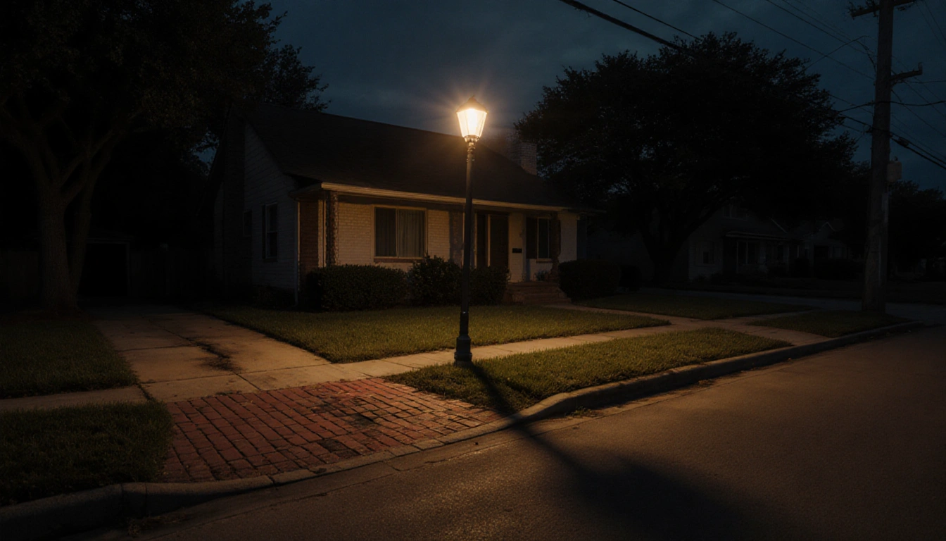 Streetlight casting long shadows across a worn red brick path with a dark mysterious suburban home nearby