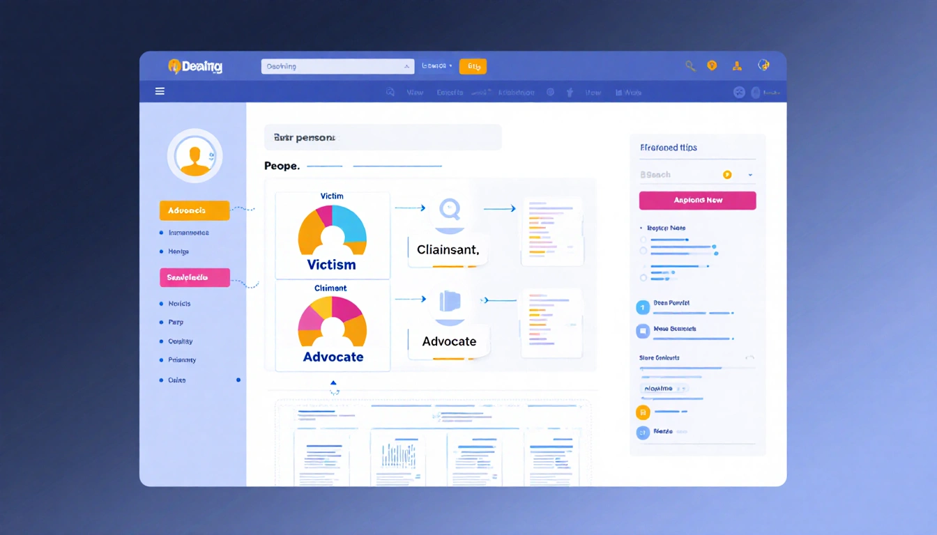 Website layout displays clear navigation with colored tabs for victim claimant and advocate personas
