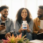 Friend with Wegovy smiles hope while sitting on couch with friends holding phone and journal near plant.