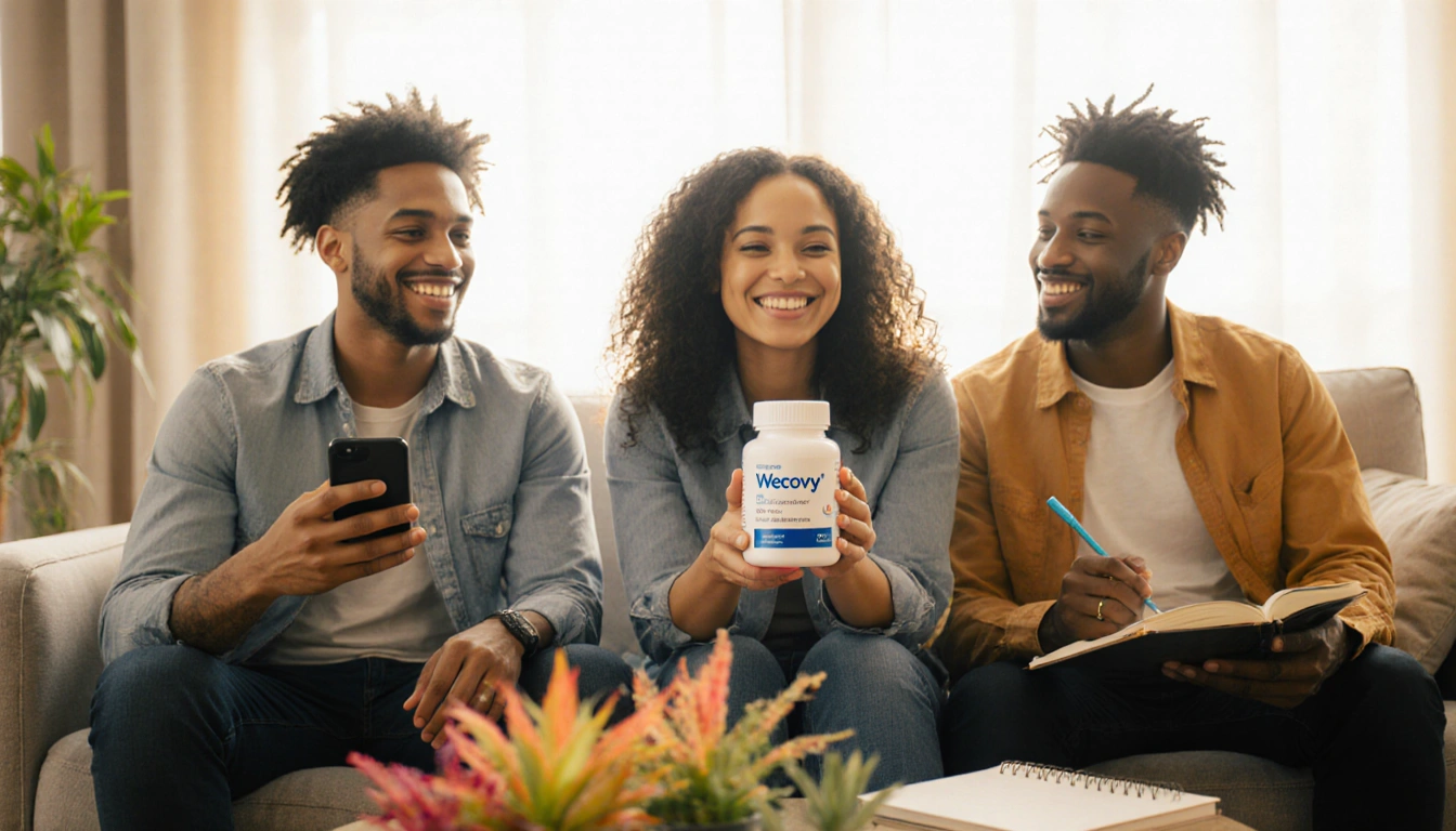 Friend with Wegovy smiles hope while sitting on couch with friends holding phone and journal near plant.