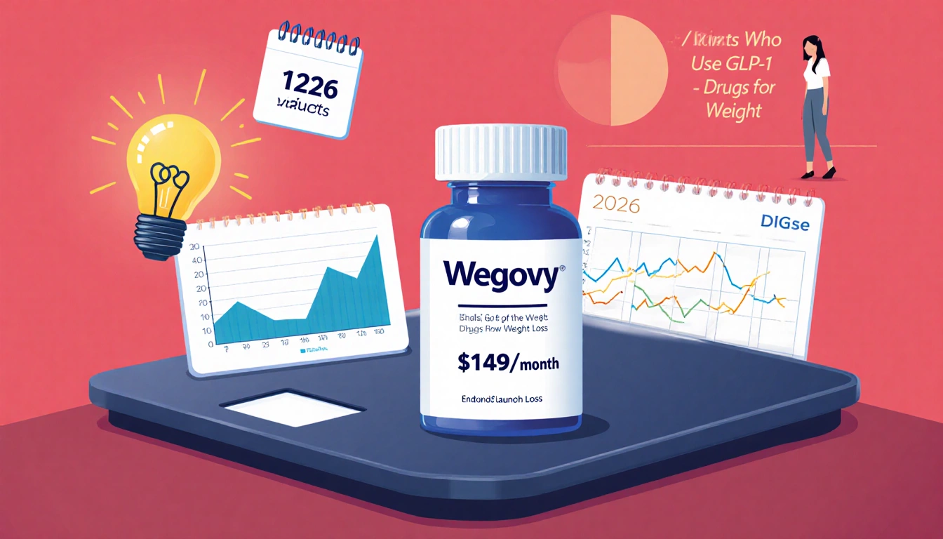 Wegovy medication bottle on table with price tag $149/month and weight loss chart showing 2026 launch