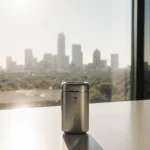 Wegovy pill container glows in glass window with Austin skyline in background and symbolizes medical innovation