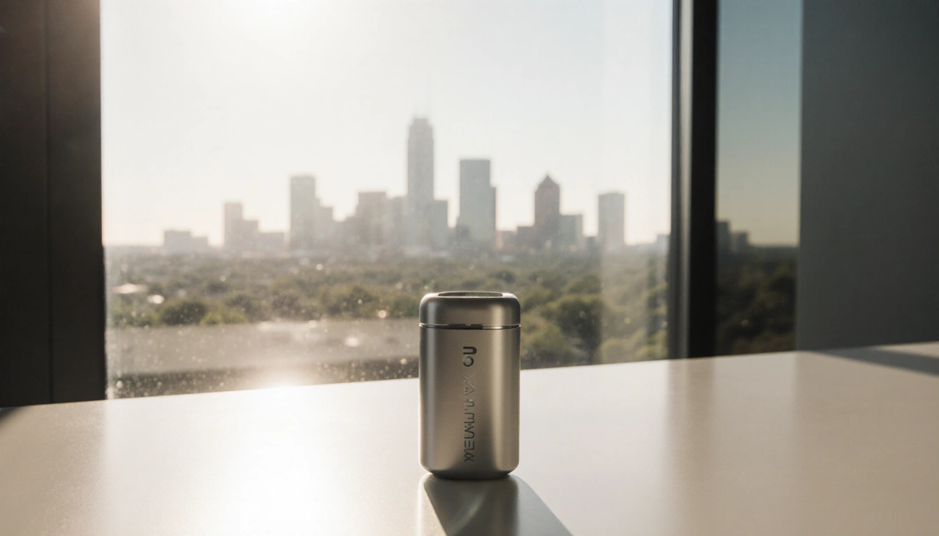 Wegovy pill container glows in glass window with Austin skyline in background and symbolizes medical innovation