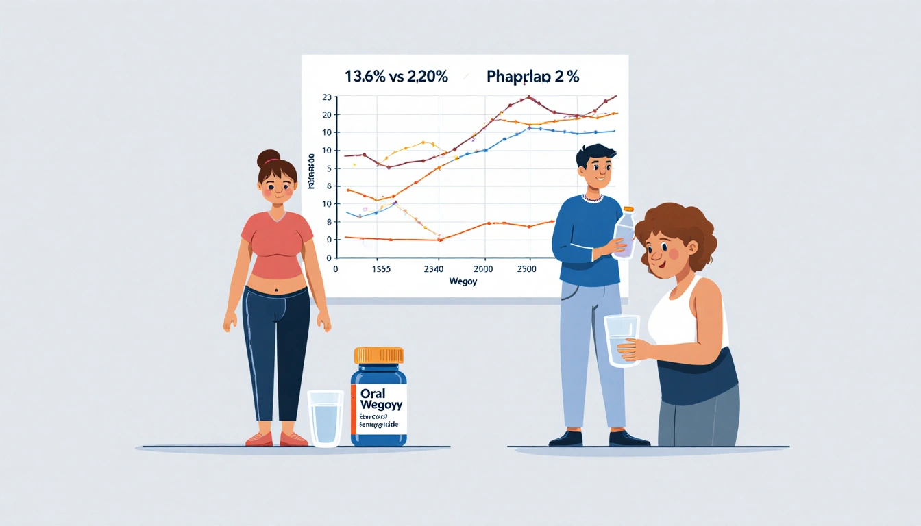Wegovy user taking medication bottle with 13.6% weight loss chart next to placebo user with empty glass and 2.2% chart