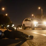 Helmeted e-bike rider lies injured on pavement with white SUV speeding away and a faint light trail