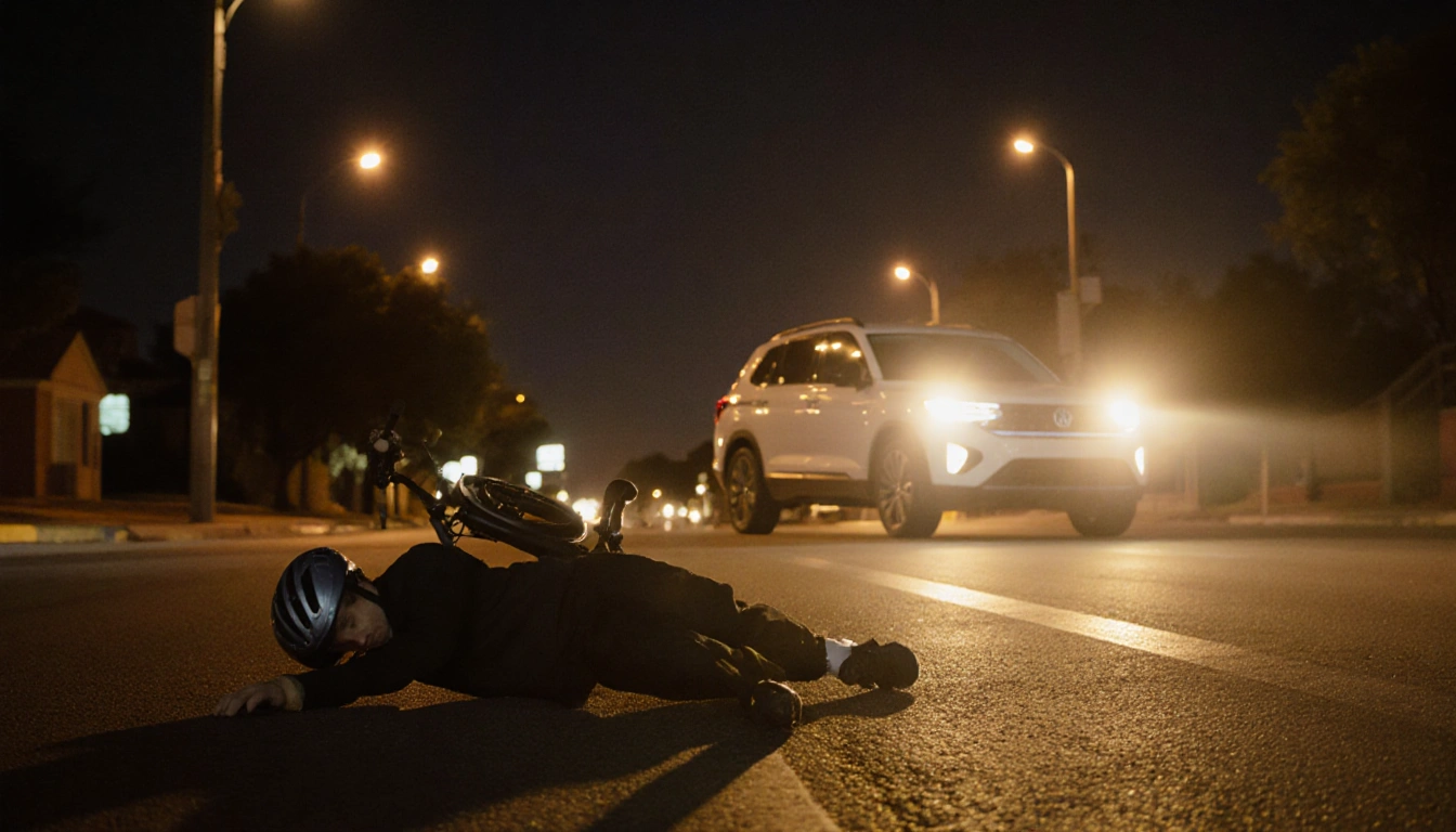 Helmeted e-bike rider lies injured on pavement with white SUV speeding away and a faint light trail