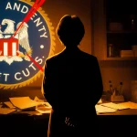 Dr. Jeanne Marrazzo stands with hands clasped in a dim lab with scattered papers and a red‑cut NIH logo whistleblower stance.