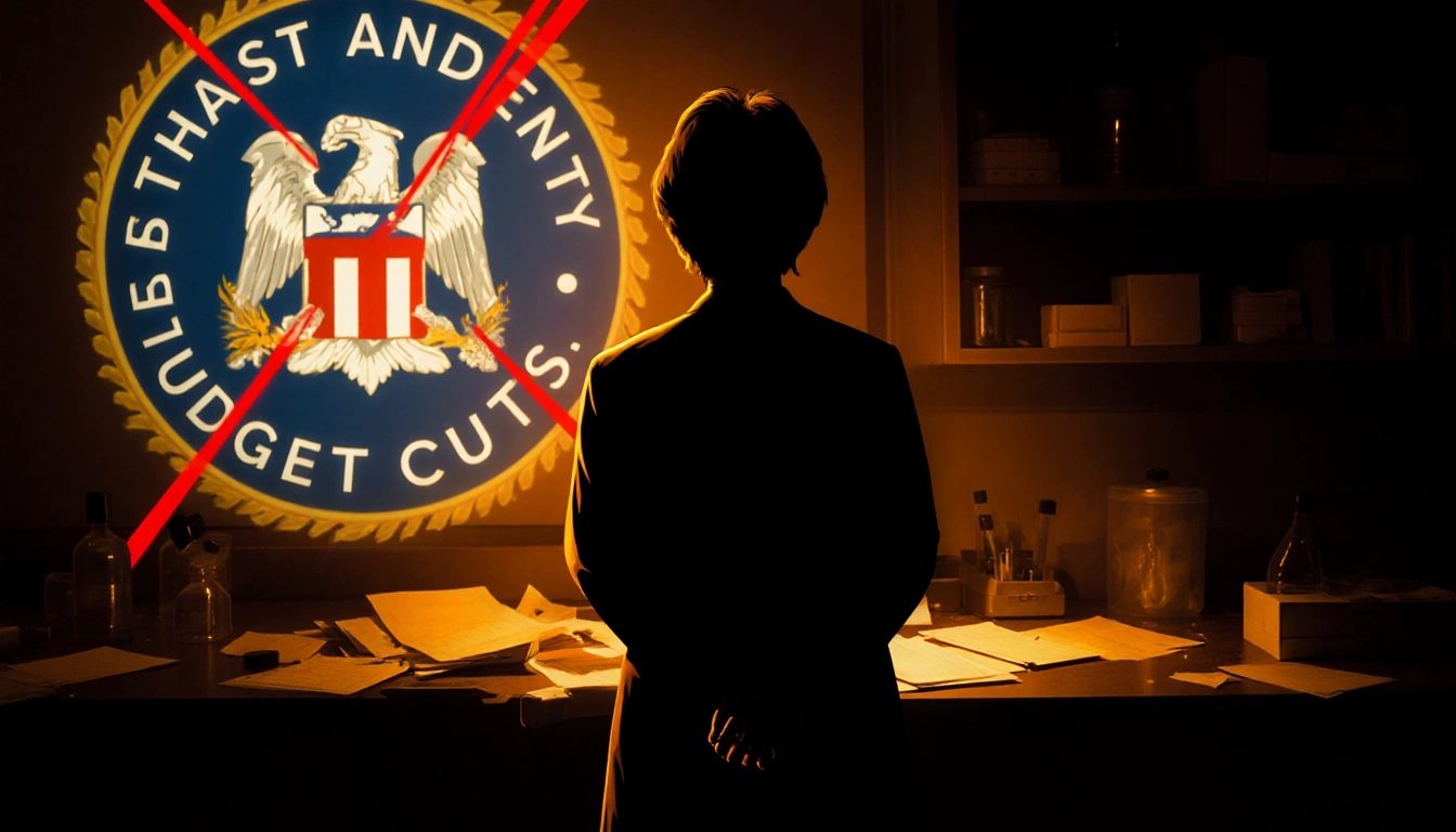 Dr. Jeanne Marrazzo stands with hands clasped in a dim lab with scattered papers and a red‑cut NIH logo whistleblower stance.