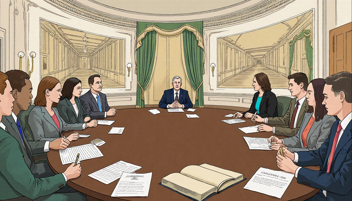 NCPC chairman addressing a group at a White House ballroom review table with scattered papers and faint design sketches