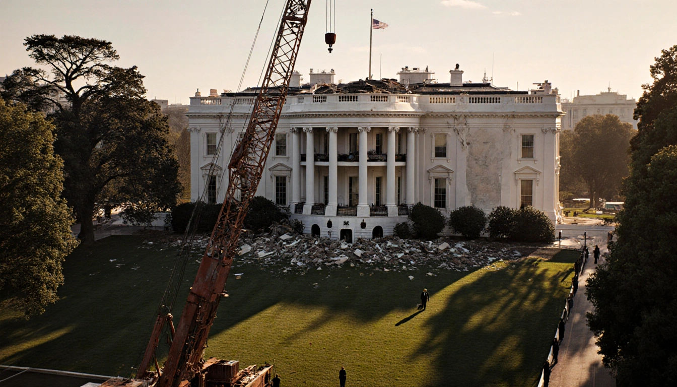 Construction crane stands sentinel with warm sun glow on White House East Wing and scattered debris