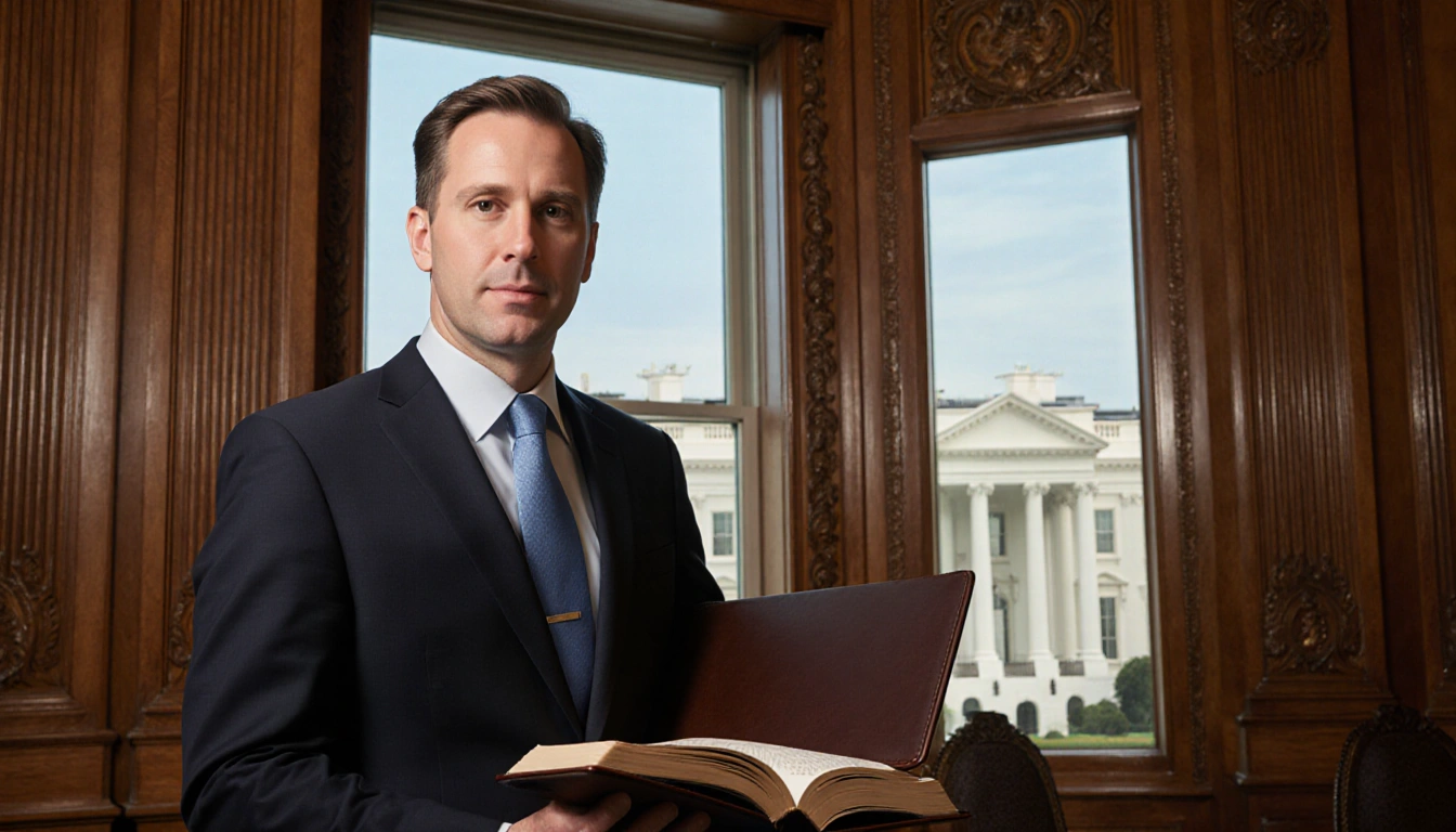 Will Scharf stands beside leather-bound book with NCPC review notes and White House facade visible through window