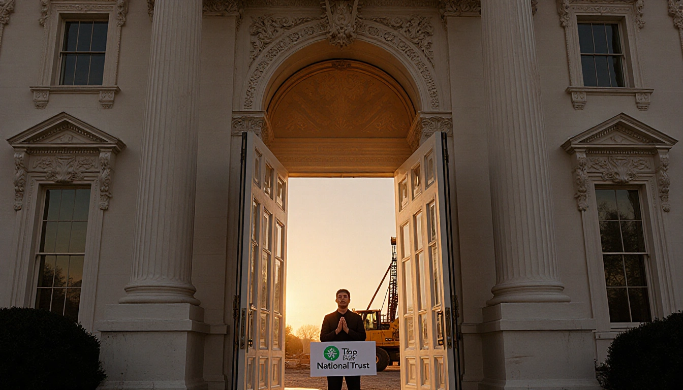 Figure protesting in front of ornate White House door with construction equipment and golden sunset backdrop.