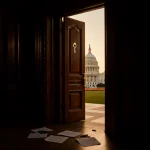 Ornate wooden door ajar with a faint White House outline behind it and golden light spilling onto scattered papers