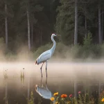 Whooping crane standing at lake edge with misty dawn light and wildflowers