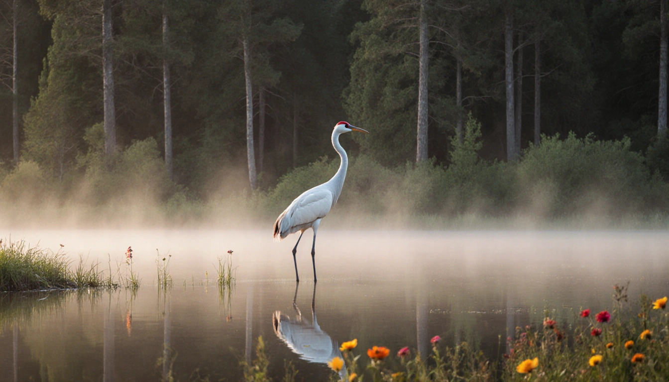 Whooping crane standing at lake edge with misty dawn light and wildflowers