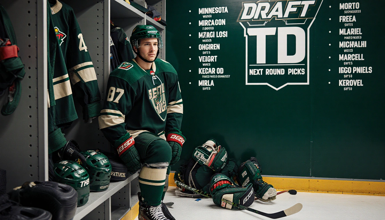Minnesota Wild locker organized with Zeev Buium gear and a draft board showing TBD pick