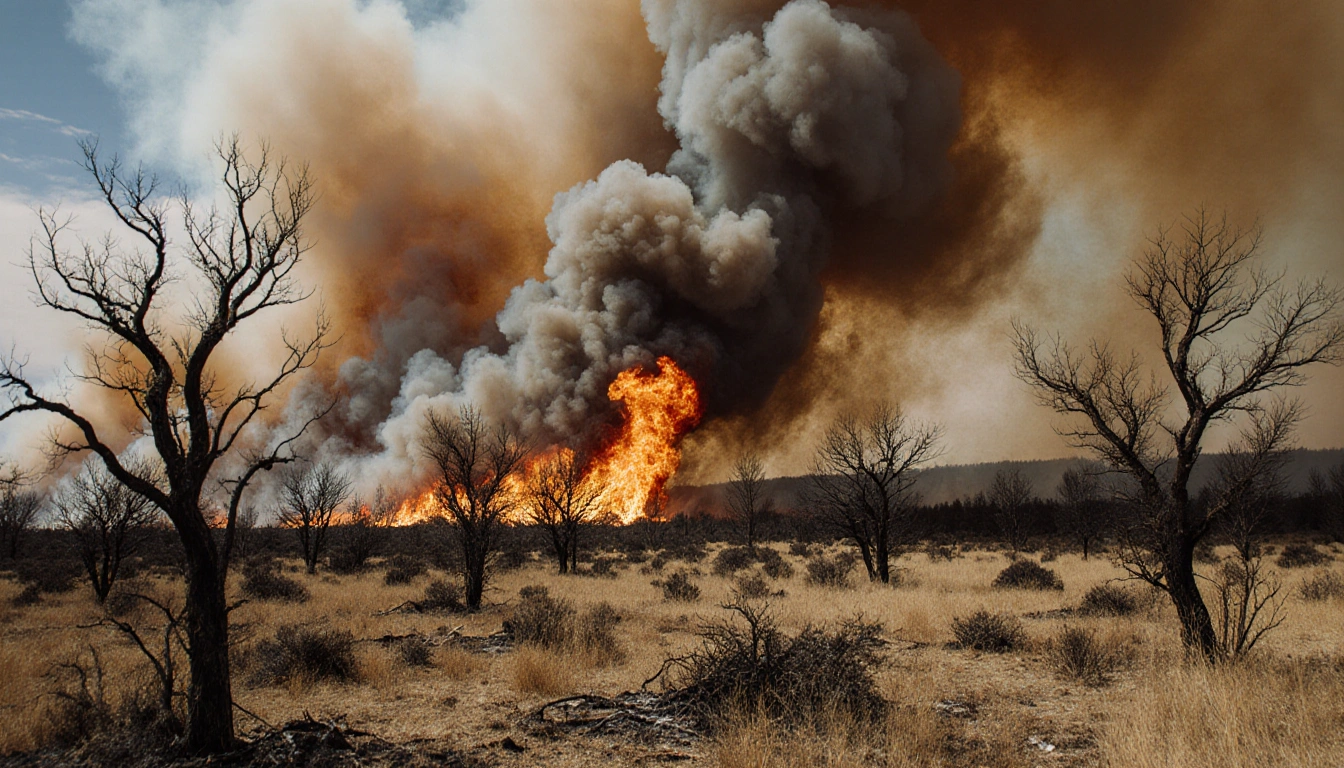 Dense swirling wildfire engulfing trees with charred grassland and smoke-filled sky