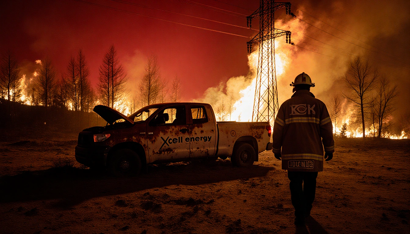 Firefighter walking away from wildfire with charred trees and flames licking a power line and abandoned rusted truck