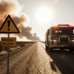 Fire truck stands ready with flashing lights near a wildfire warning sign and a plume rising on a dry Texas road.