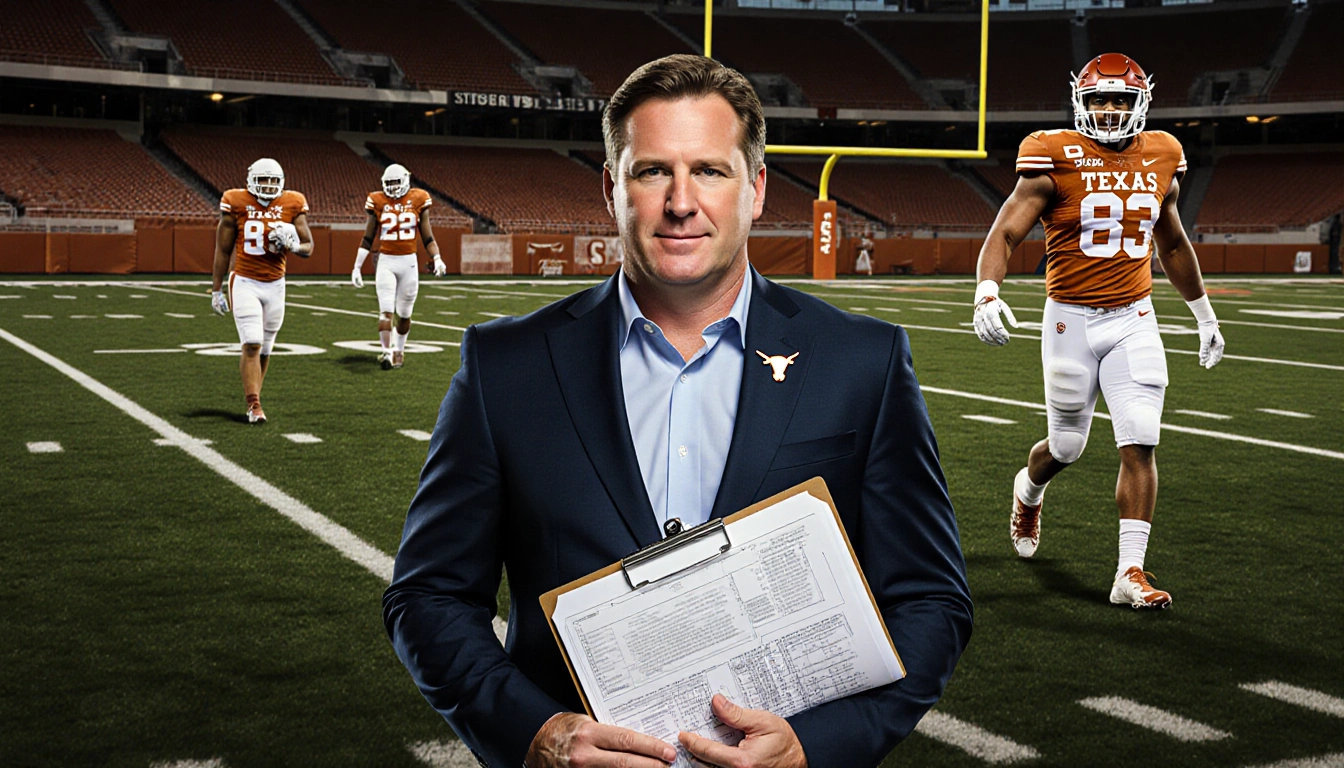 Will Muschamp stands holding a clipboard with game plans and Longhorns logo on his lapel at a field with goalposts scoreboard