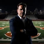 Will Muschamp stands in front of a Texas football field with stadium lights reflecting on his suit and a logo on his jacket.