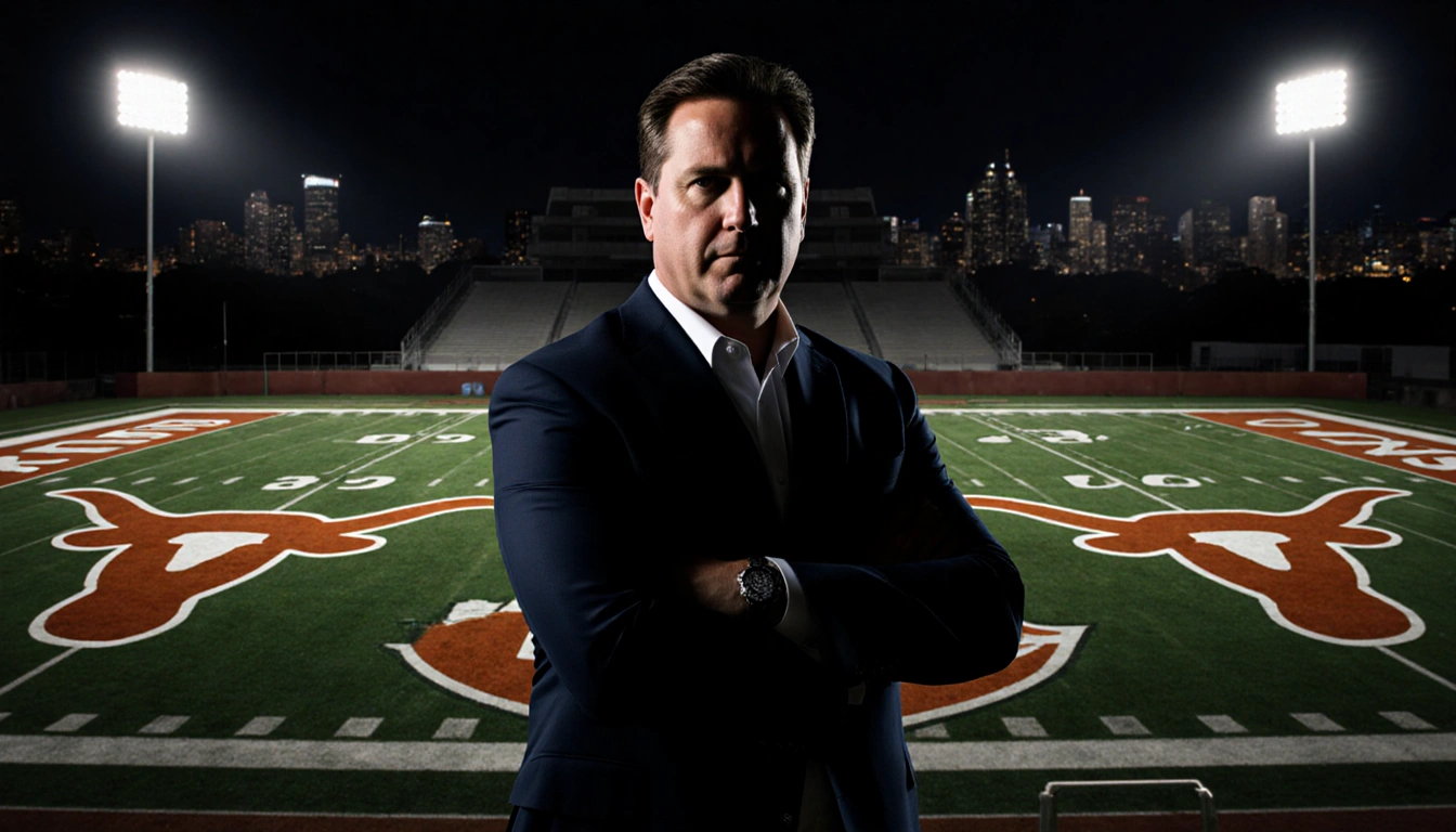 Will Muschamp stands in front of a Texas football field with stadium lights reflecting on his suit and a logo on his jacket.