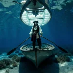 Will Turner pirate stands in a boat upside‑down hovering above a seafloor with coral sunlight filters through the hull