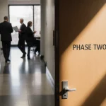 Wooden courthouse door glowing with Phase Two etched as light beam highlights and commissioners review blueprints behind.