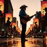 Willie Nelson silhouette standing proudly with Austin City Limits banners and holiday lights reflecting on wet pavement