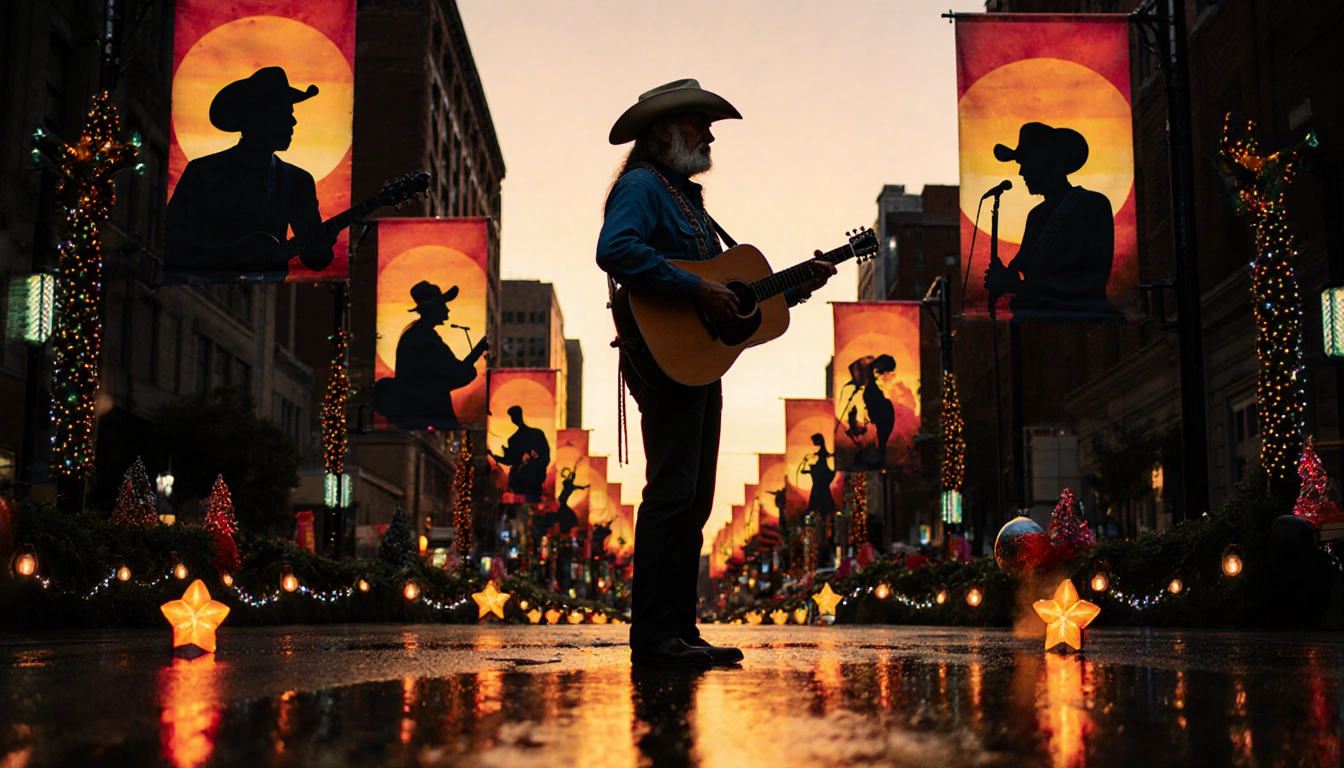 Willie Nelson silhouette standing proudly with Austin City Limits banners and holiday lights reflecting on wet pavement